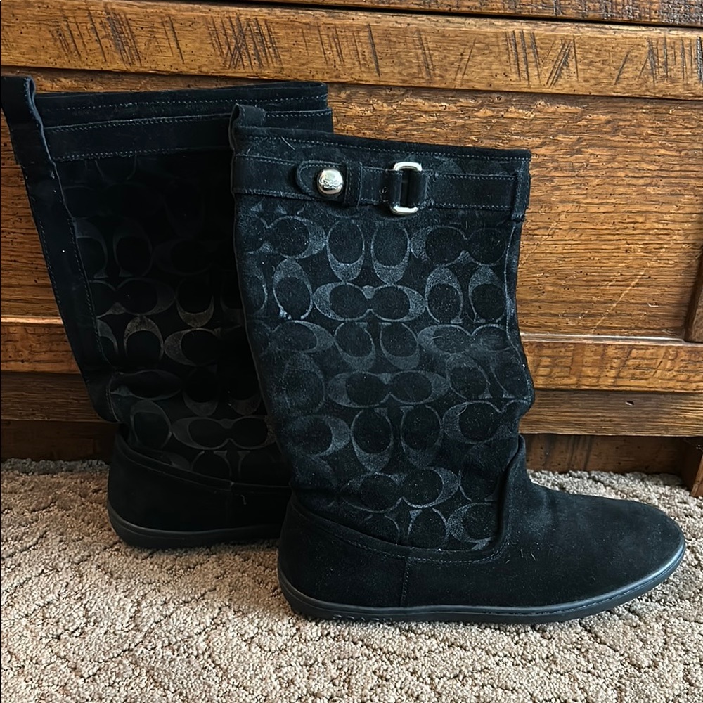 Coach Black Suede Mid-Calf Logo Buckle Boots